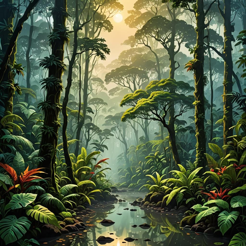 Highly imaginative illustration of the mystical atmosphere of misty morning in the rainforest, rich colors, ...  by @Awkward Avocado 