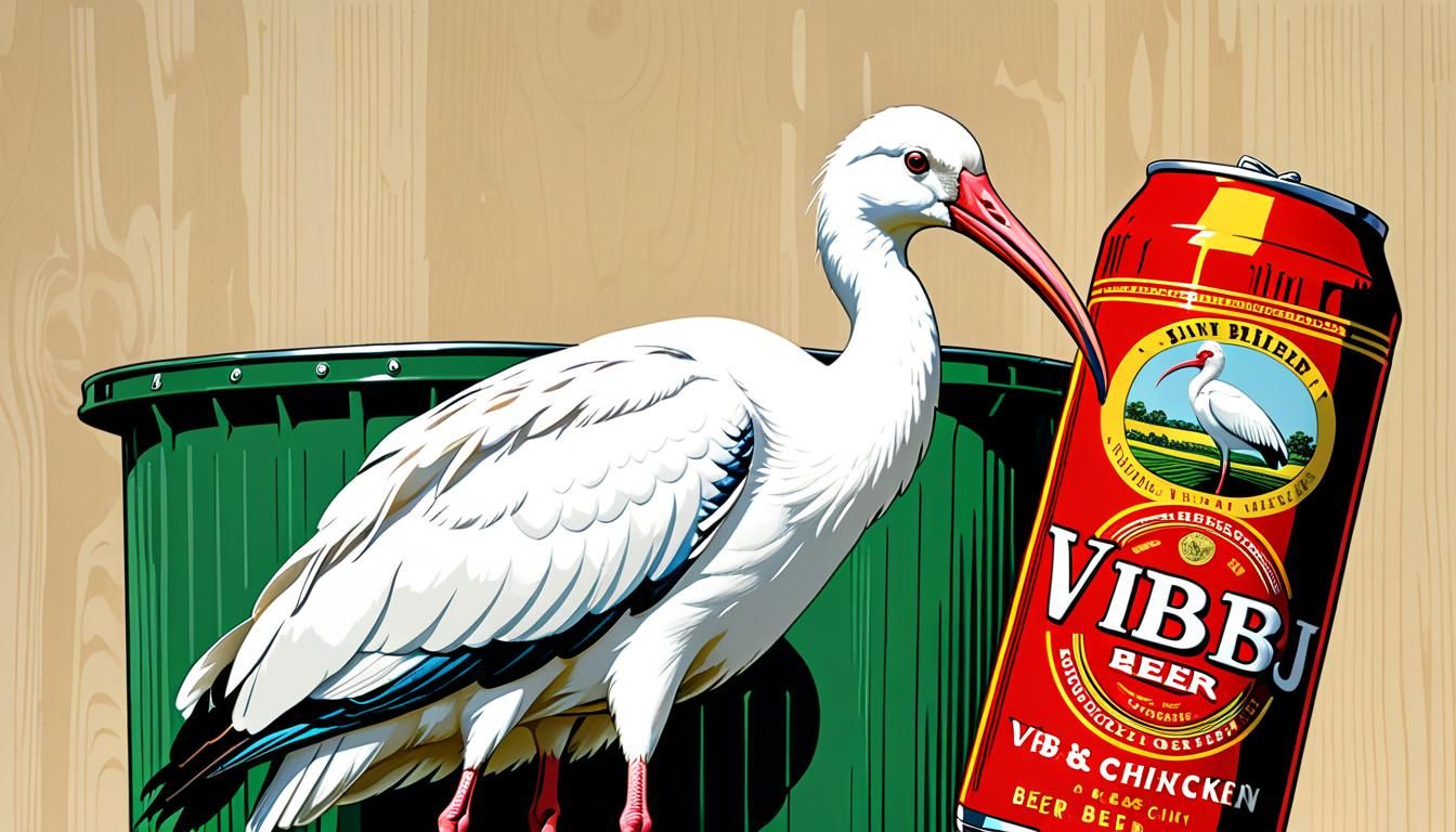 white ibis "bin chicken" perched on the edge giant can of VB...