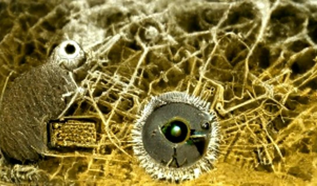 microchip image from electron microscope. in the center fly ...