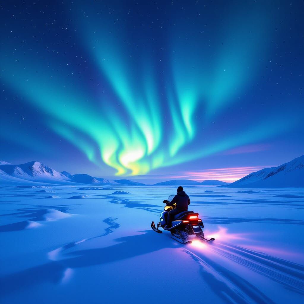 auroras in the norht pole.a man is snowmobilingne on snow.  by @pro_Samuel
