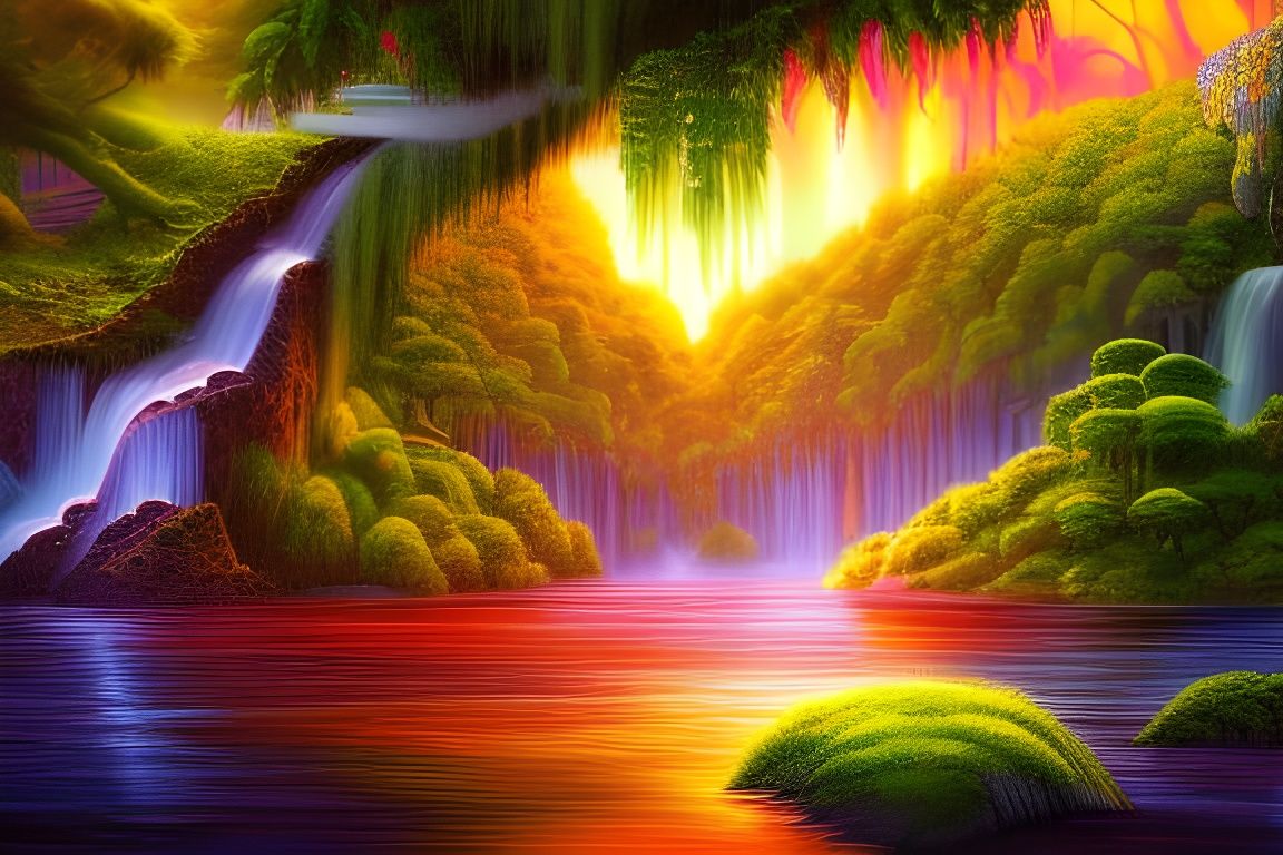 Fantasy Landscapes, hyperdetailed realistic lush jungle, sapphire waterfall, sapphire lagoon, colorful ...  by @Papilli