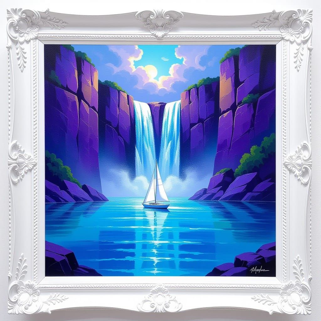 Majestic Waterfall Landscape in Luminous Oil Painting Style