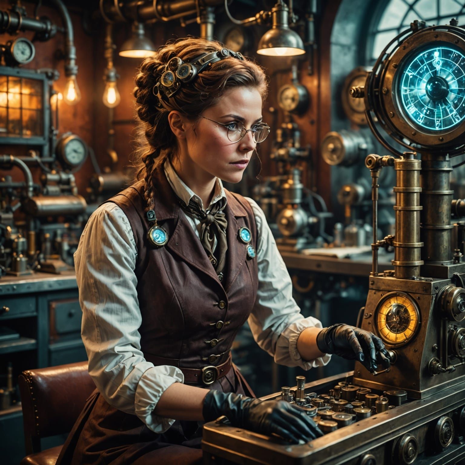 Steampunk lady Scientist against a laboratory background working a the bench on a mobile time machine. ...  by @Brian
