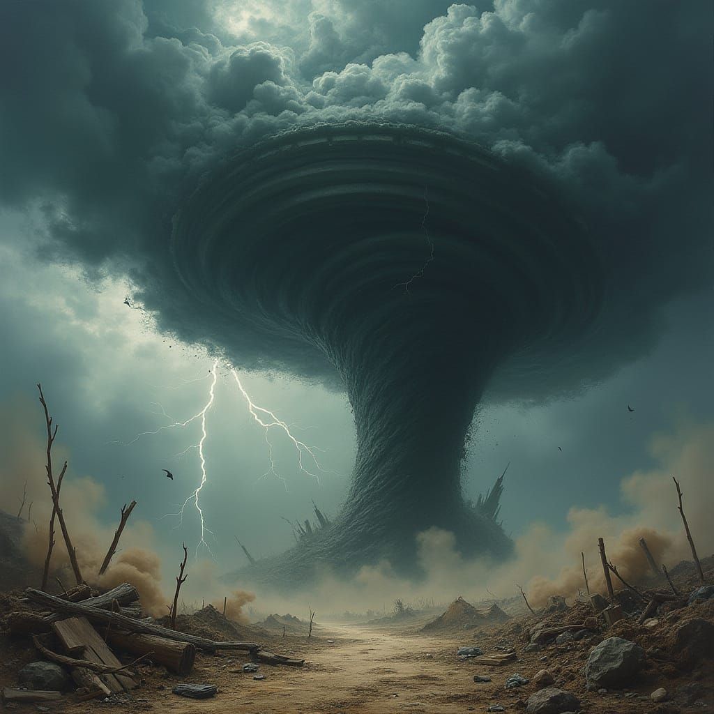 A chaotic, swirling tornado dominates a dark, stormy landscape, its powerful funnel rotating with intense speed, kicking...