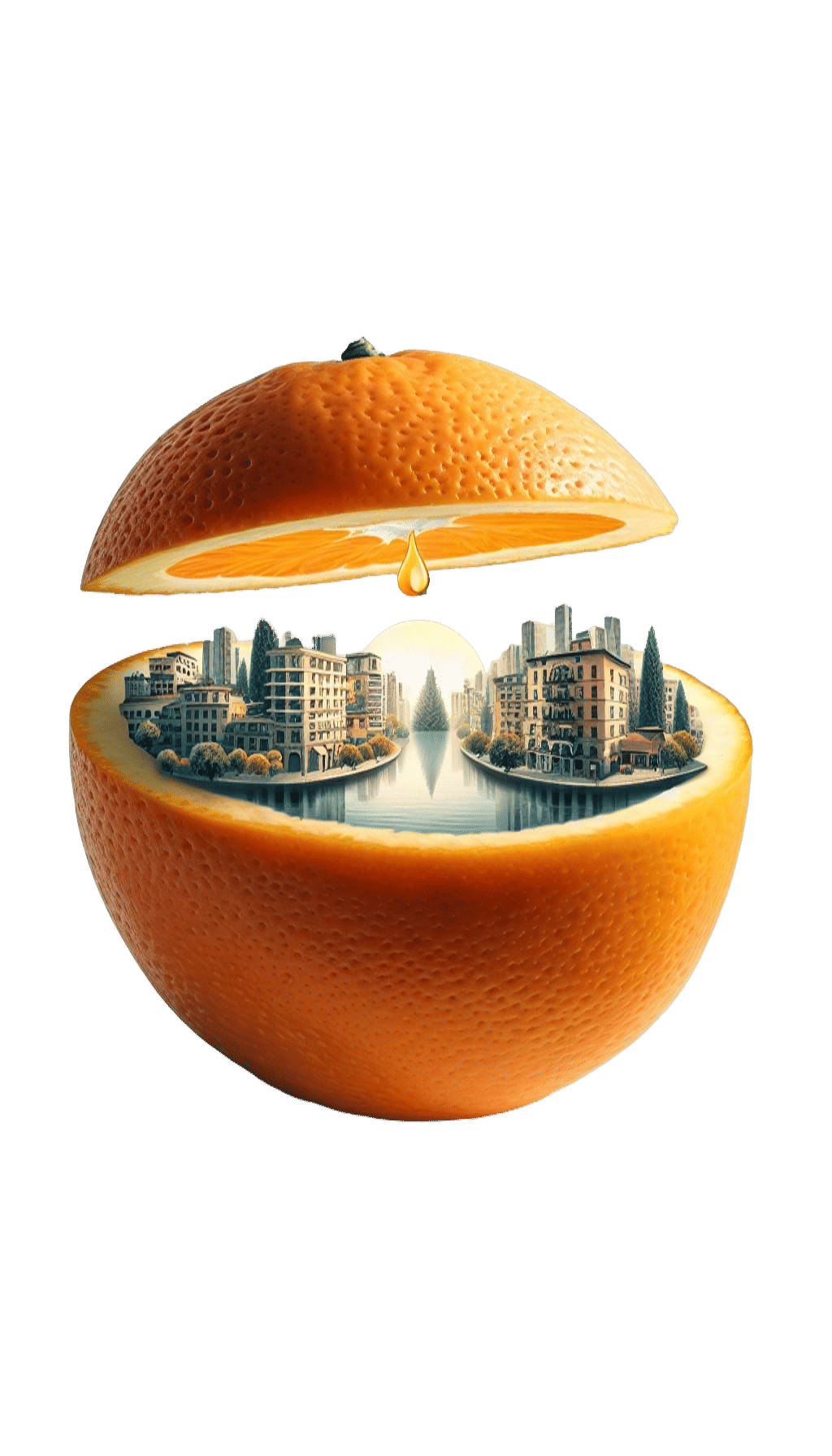 A surreal image of a cityscape inside an open orange with buildings, trees and a droplet on the upper peal.