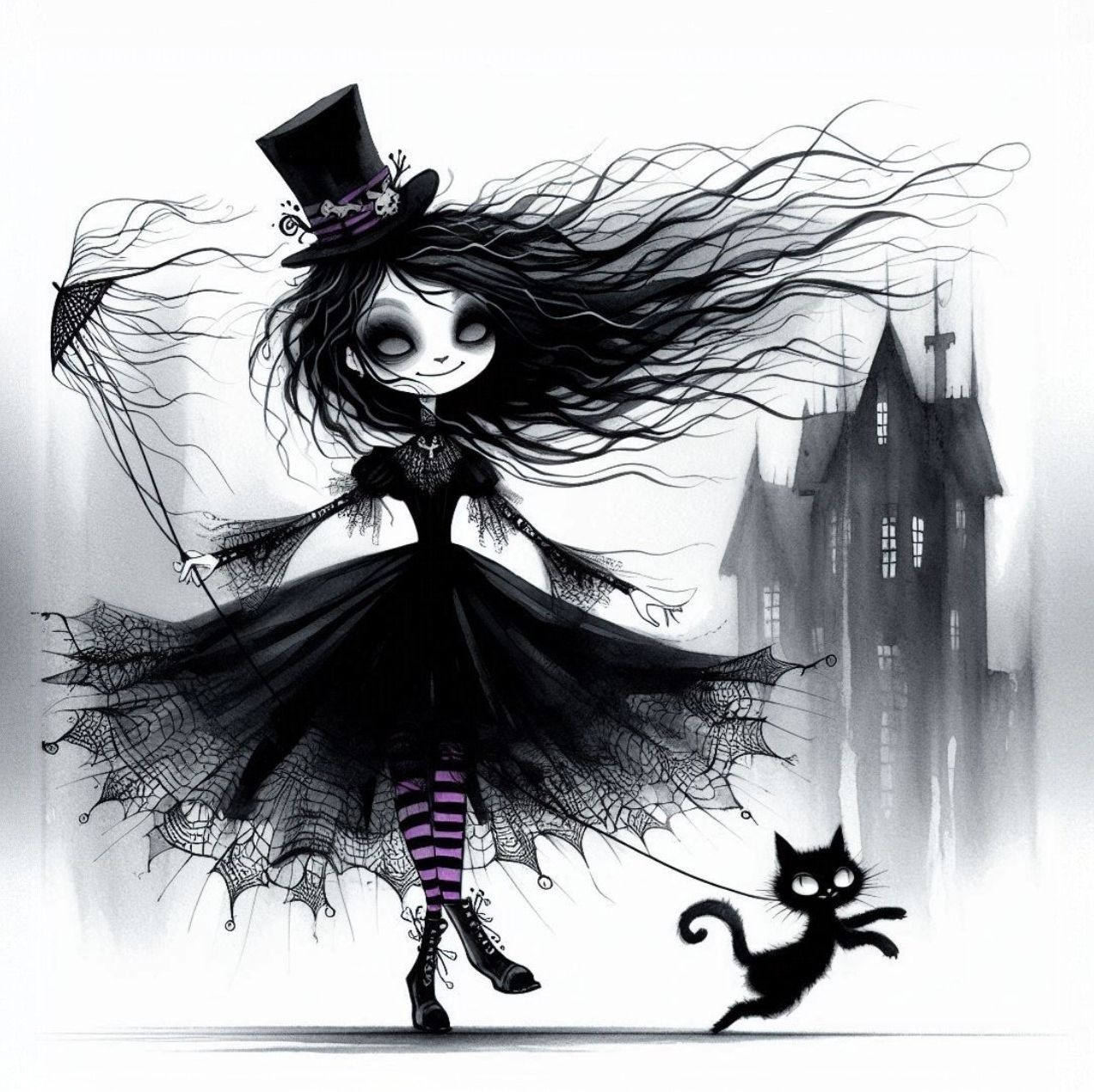 Whimsical little dark with black cat