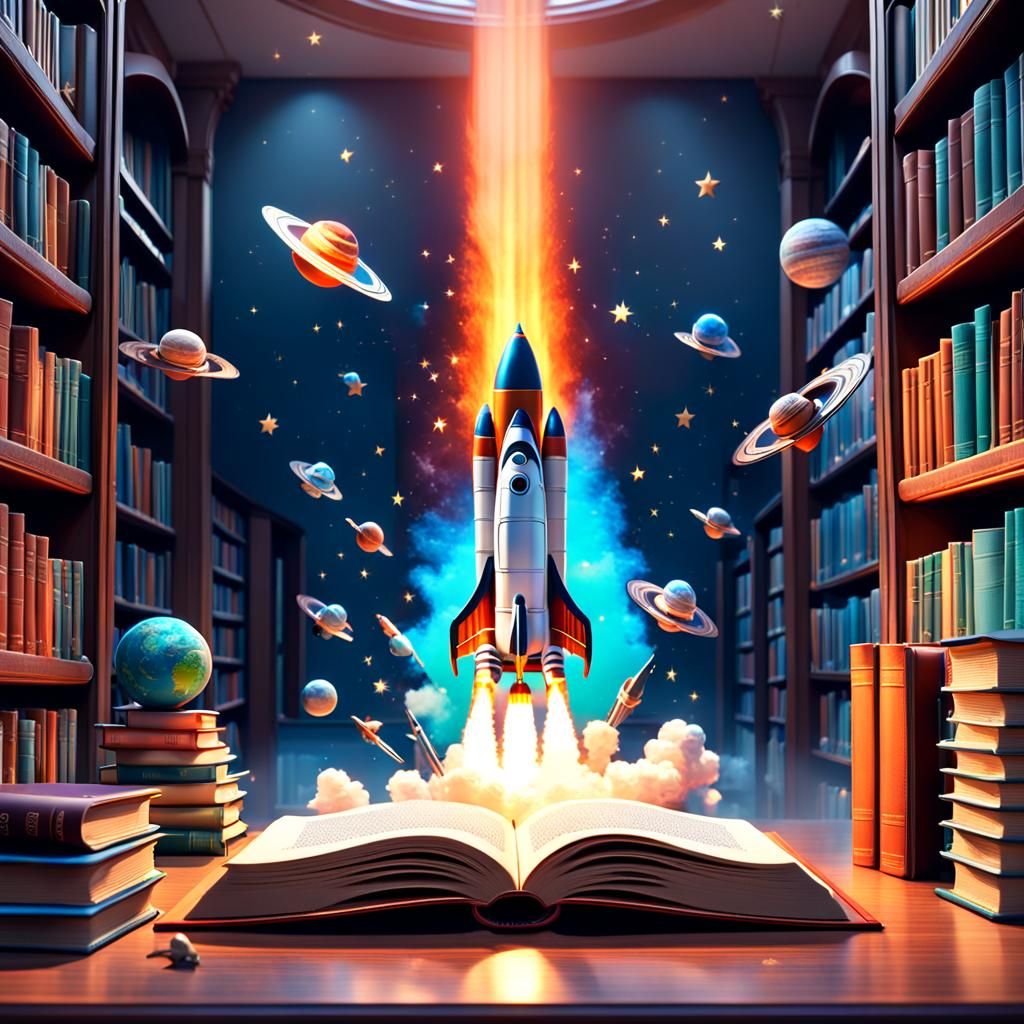 a space rocket rising from the pages of an open book that is on a desk in a library  by @Manxman