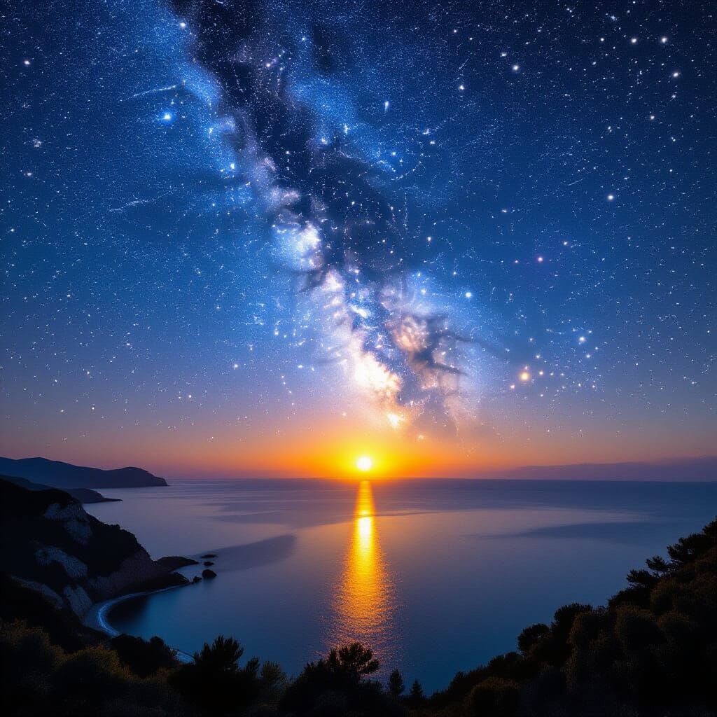 Starry Night Sky with Meteor Shower Over Ocean Horizon