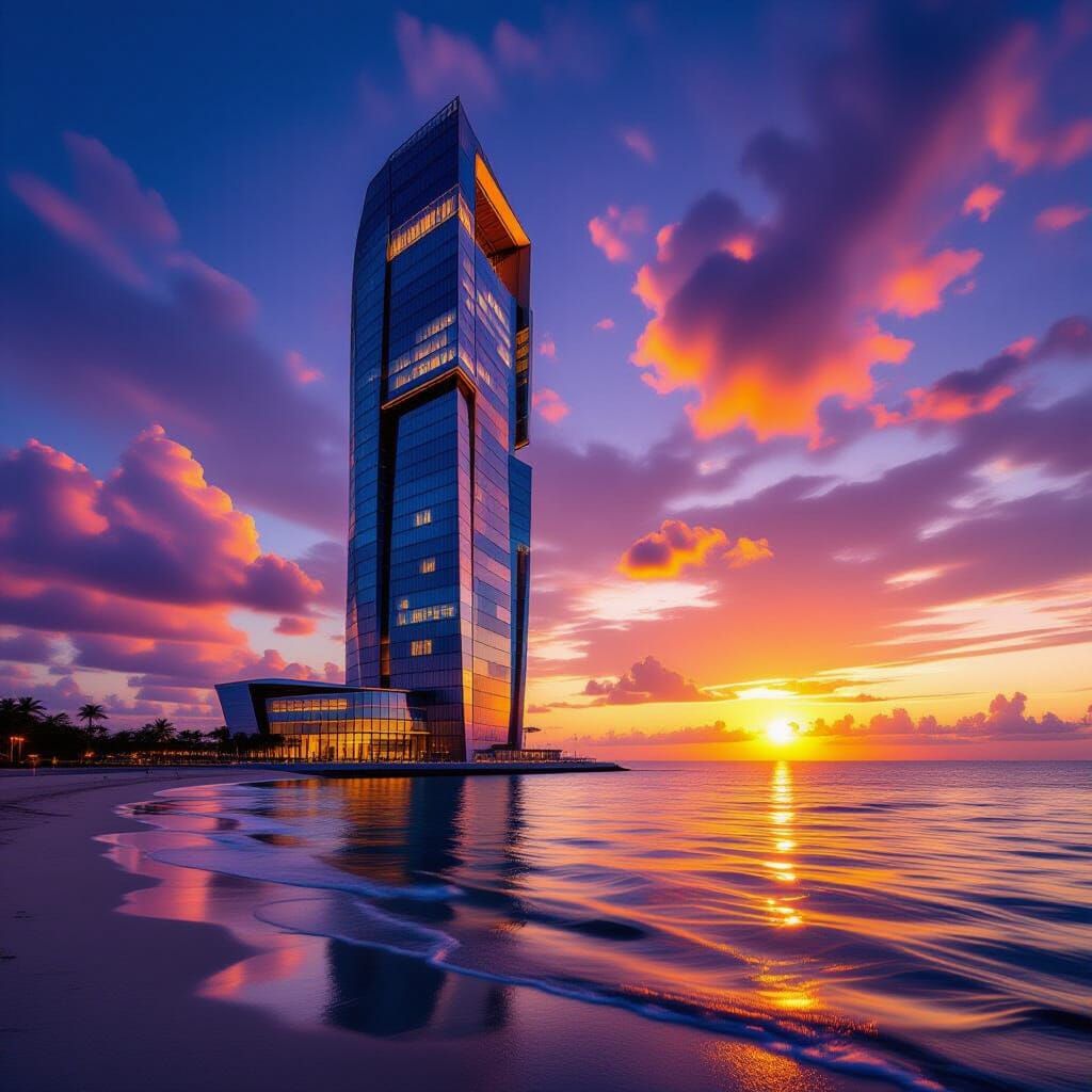Futuristic Skyscraper Overlooking Sea at Sunset