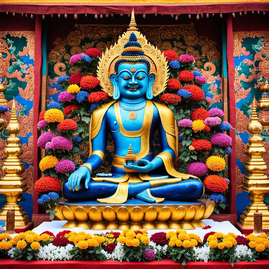 Mahakala Statue in Buddhist Hall with Floral Offerings