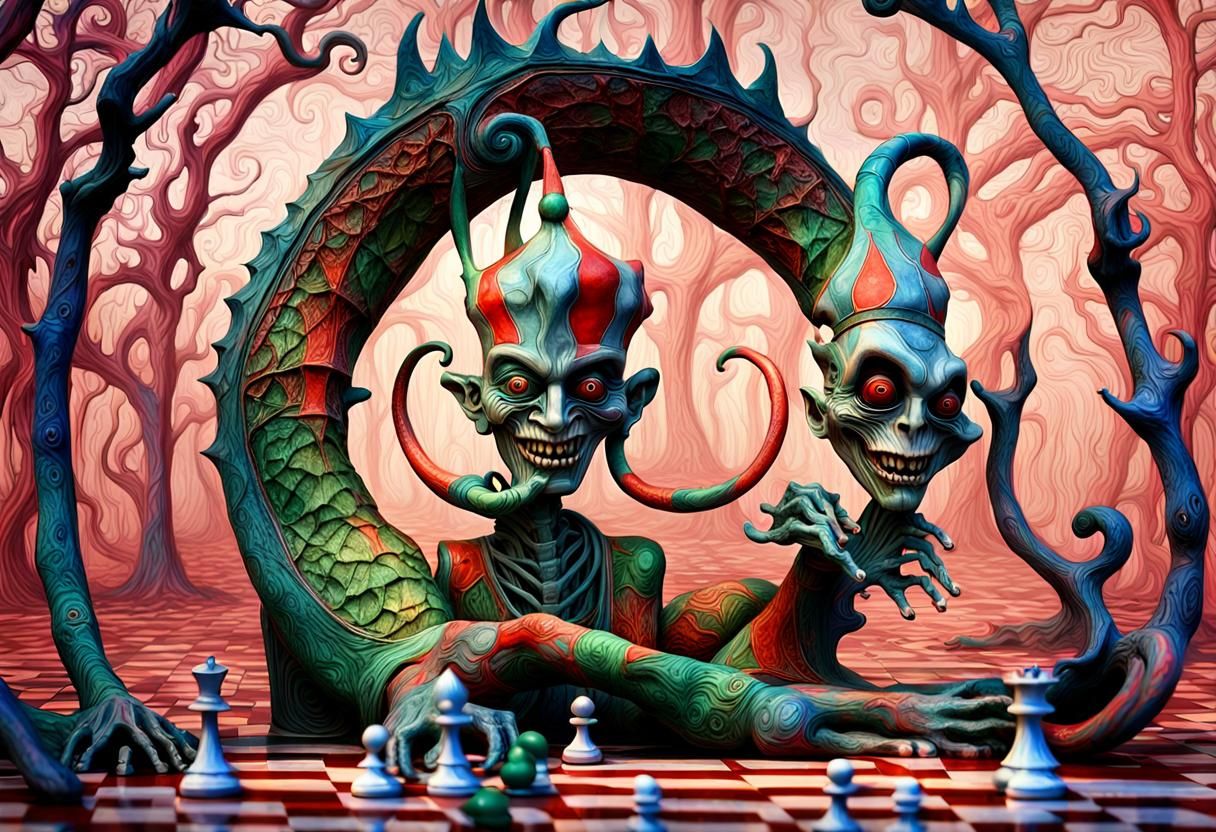 two crazy jesters laughing, H.R. Giger, psychedelic 3D chess...