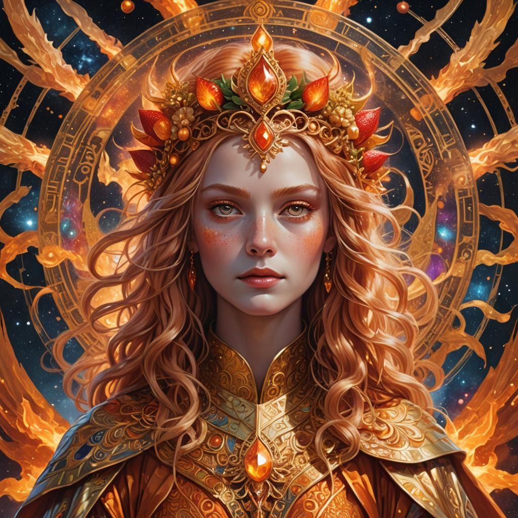 Regal female Leo human with a thick mane of strawberry blond...