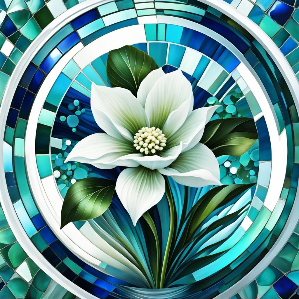 White mixed flower in a Blue green mosaic vase,round glass p...