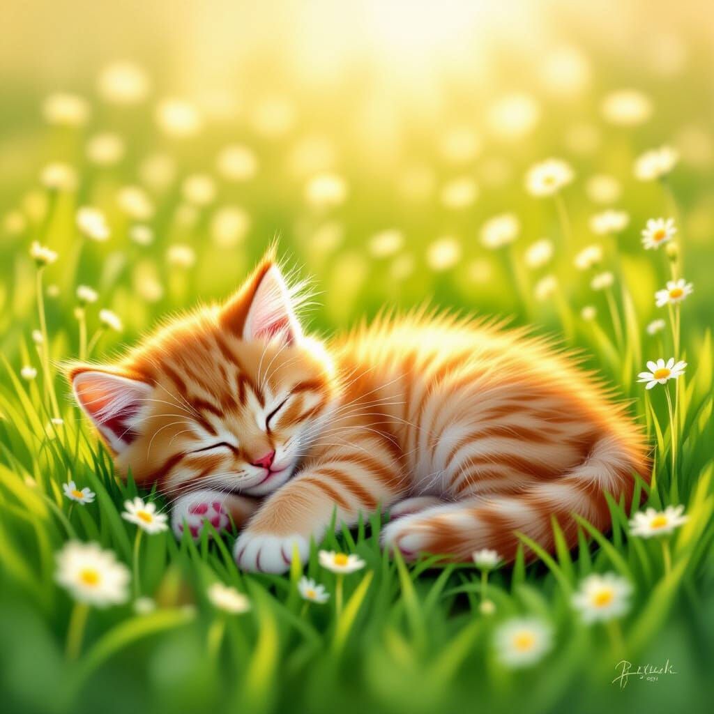 Fluffy Orange Kitten Sleeps in Wildflower Meadow