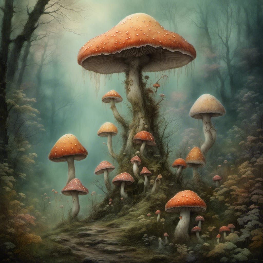 <lora:Eerie Mist:1.0> twiggy mushroom people creature 