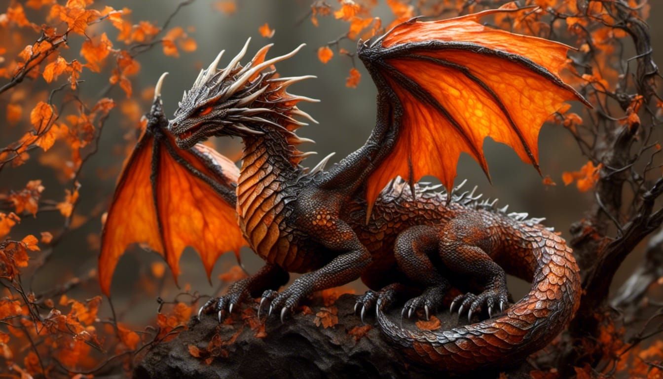 <lora:Real Dragon Hatchlin:1.0> <lora:Sun0fKor:1.0> dragon of autumn. Orange scales. Intricate gossamer wings. Long coiling and snaking tail...
