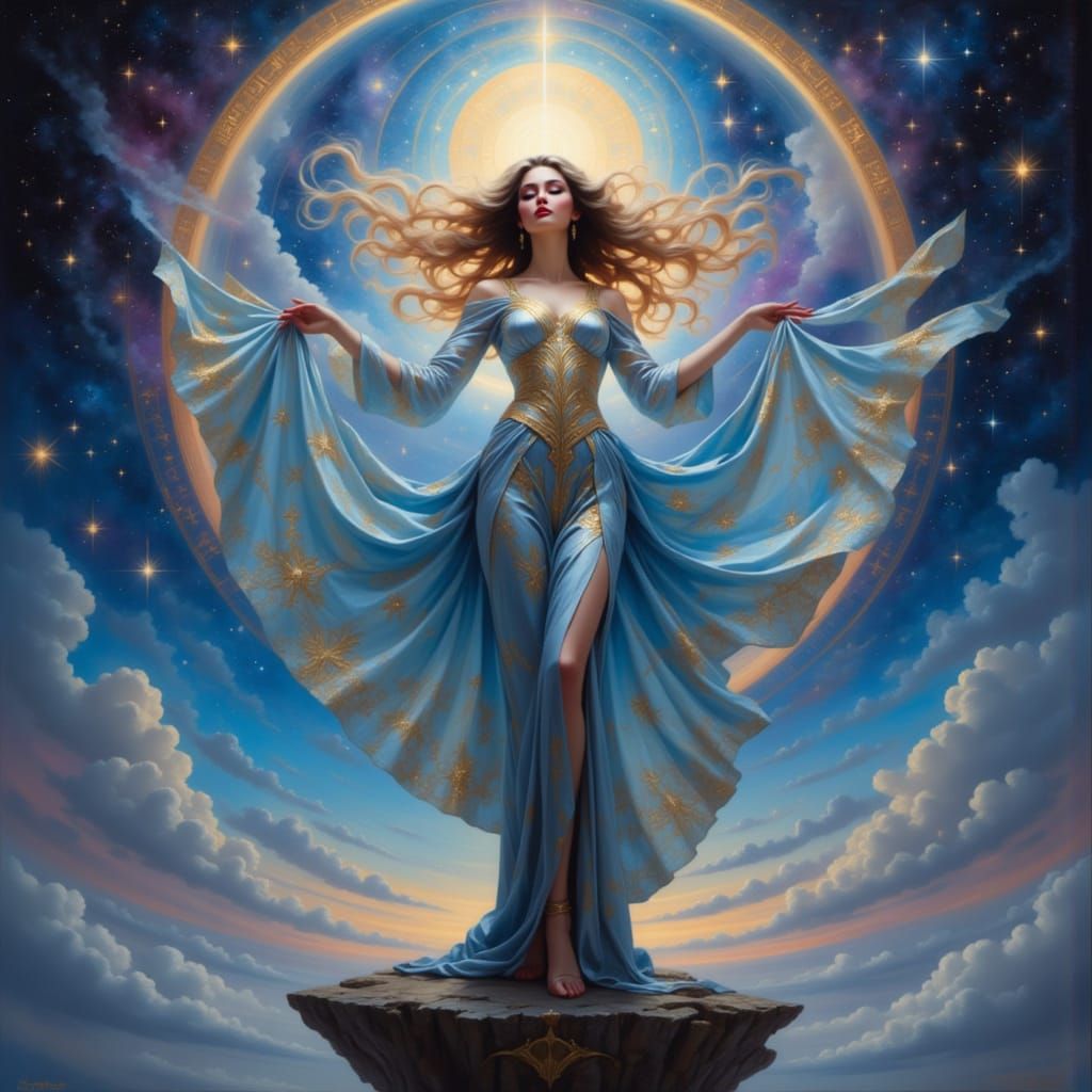 Art nouveau punk. A celestial woman with flowing, iridescent hair and intricate, glowing patterns woven into her clothing, standing on a flo...