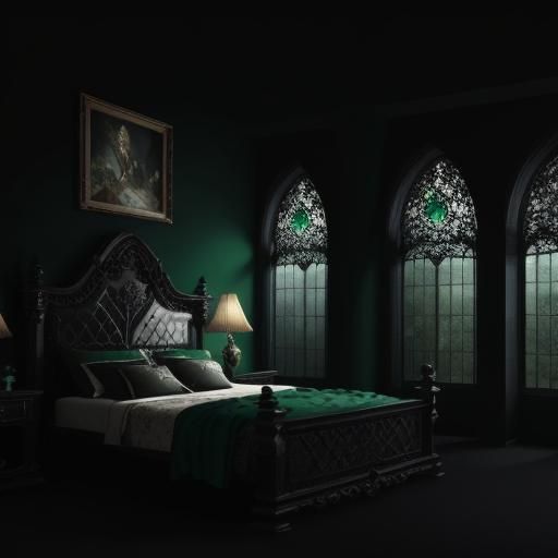 Beautiful Emerald green and black gothic bed& hyperdetailed art nouveau ...