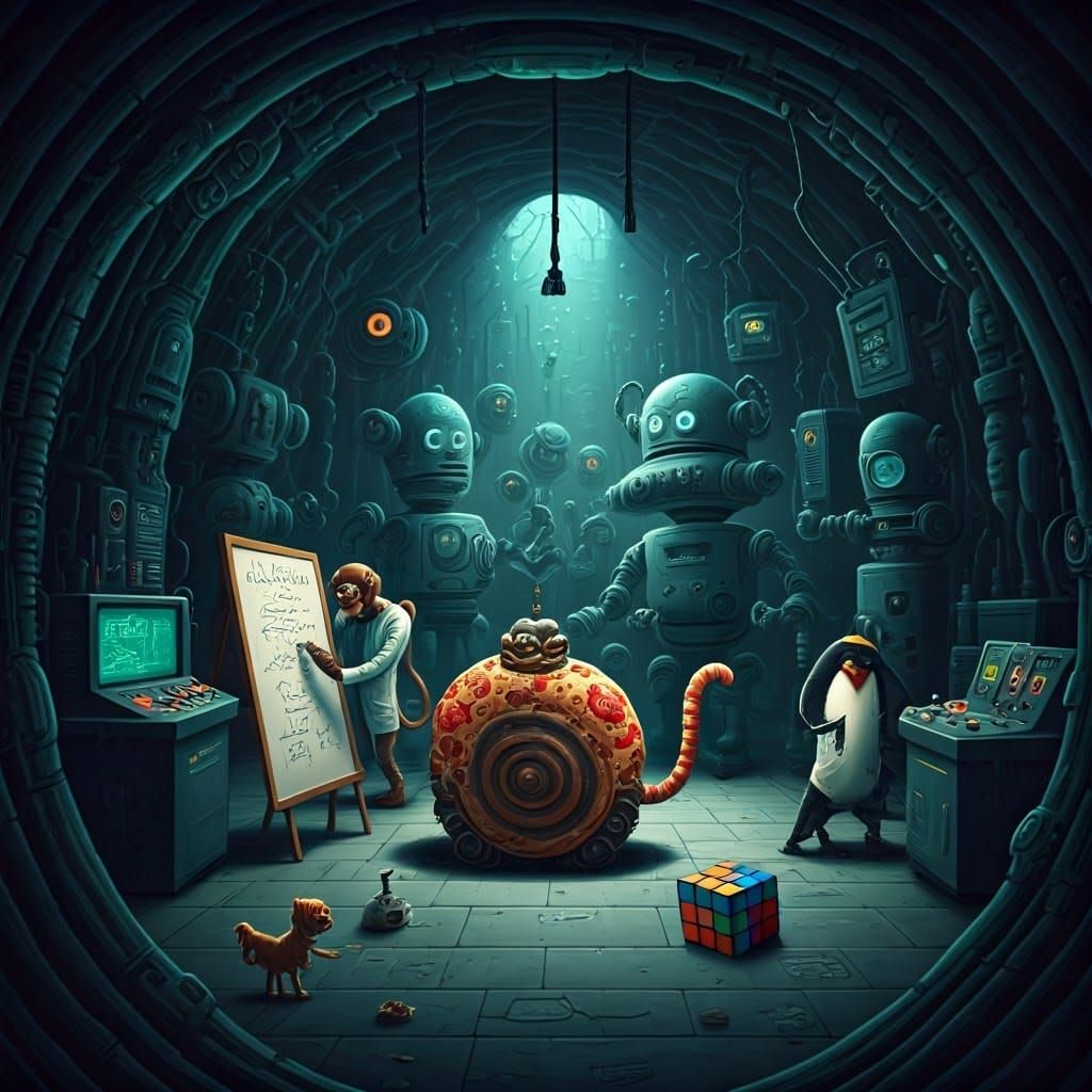 Whimsical Robot Laboratory in Cyberpunk Style