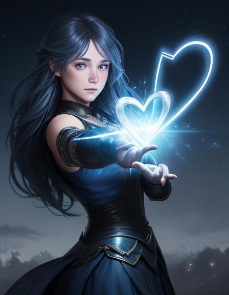 A young fairy girl draws a big heart with magic on a dark bl...