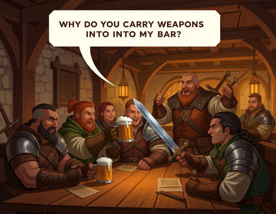 A group of adventurers sitting at a table in a tavern enjoying drinks, the barkeep walks over and asks them "why do you carry weapons into m...