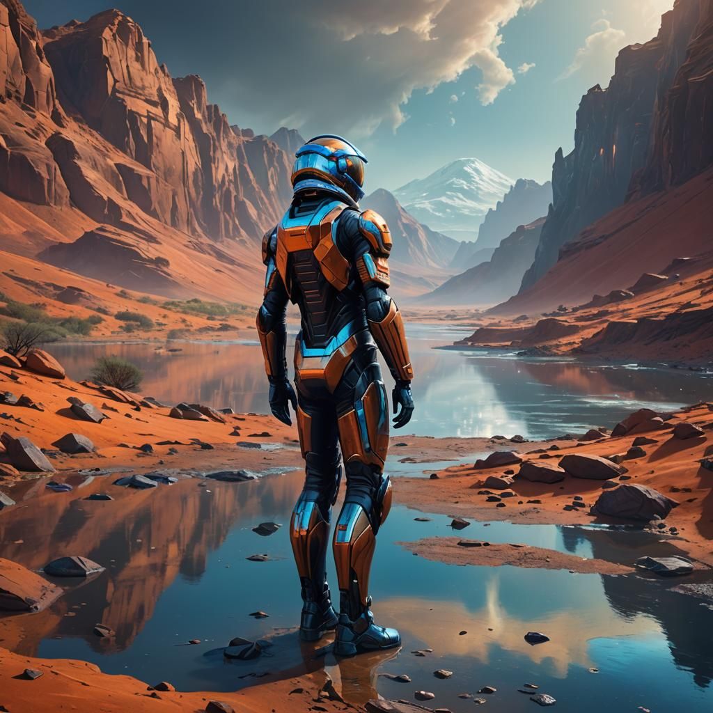A boy on mars with a river going through mars terraformed planet beutiful