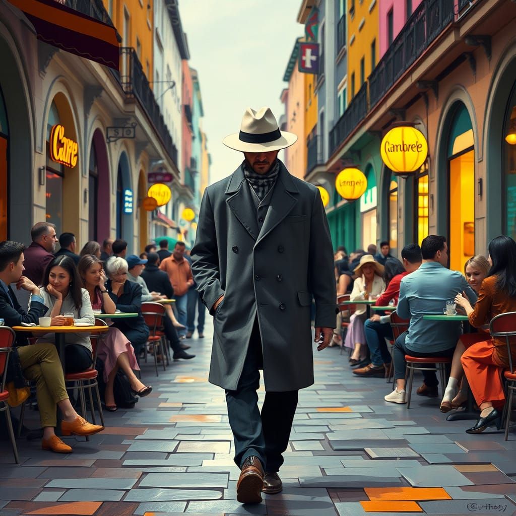 A Solo Figure in a Vibrant City, in Impressionist Cubist Sty...