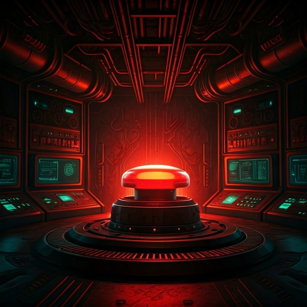 giant red button in the middle of a futuristic control room, glowing ominously.  by @Barabashka
