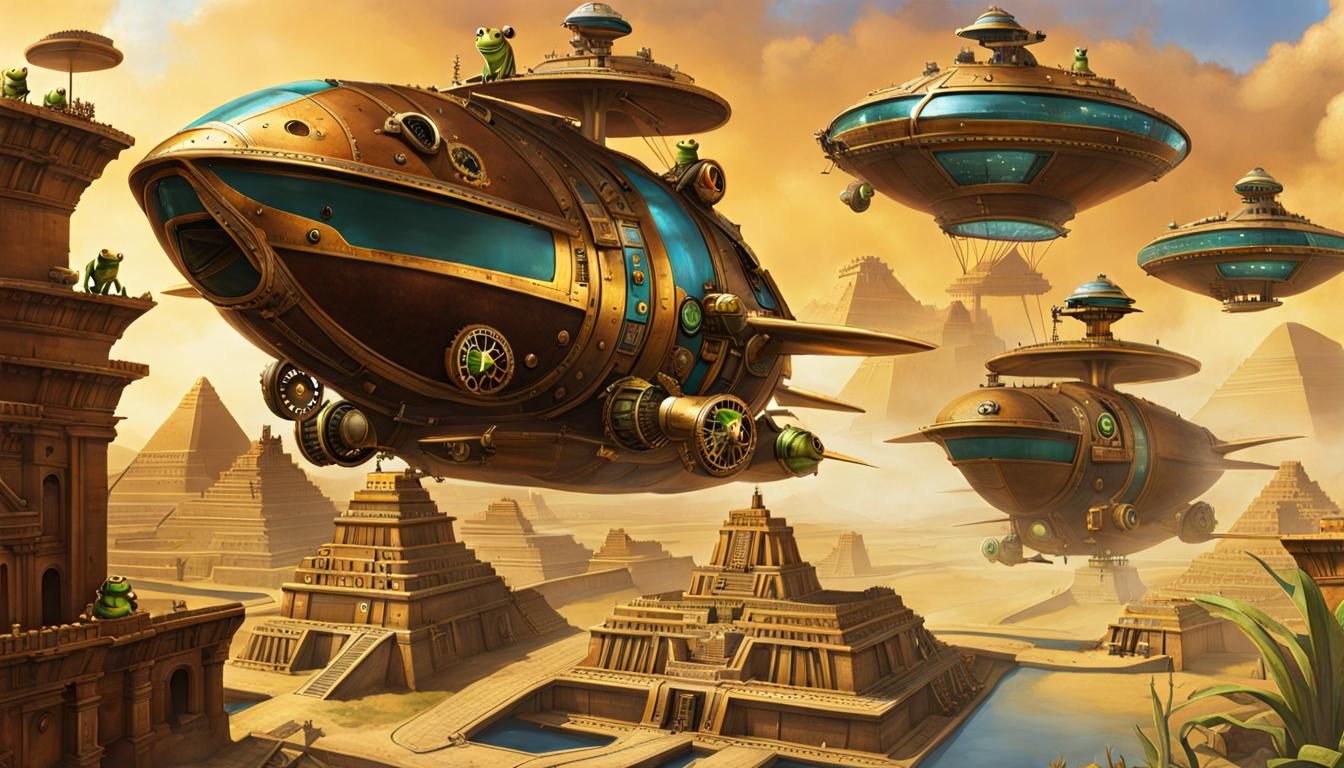 The steampunk-frogs arrive in their steampunk spaceship to the Aztec city to help build the pyramids.