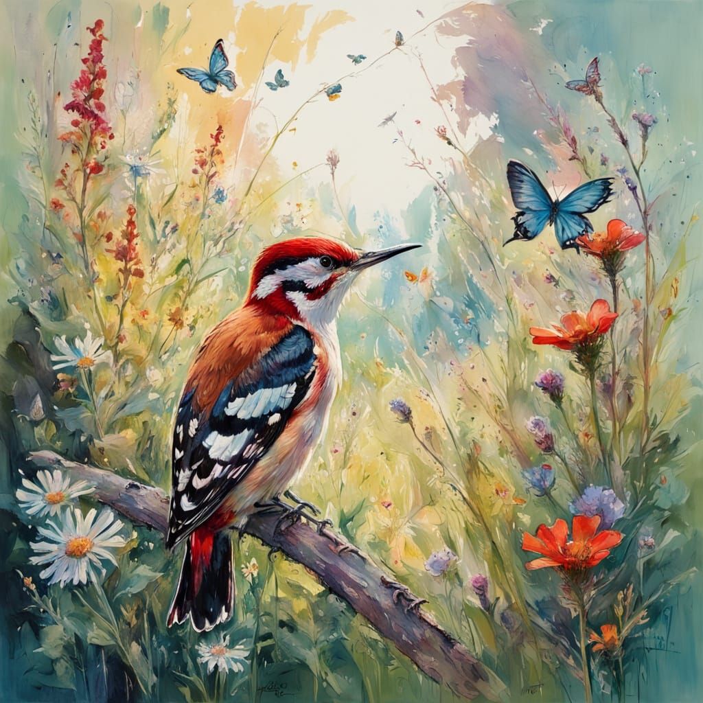 Woodpecker & wildflowers - 1 like  by @TravellerUK