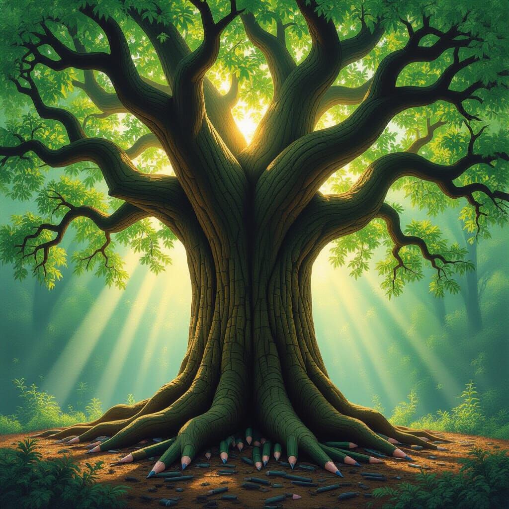 A colossal ancient tree with a trunk made of tightly packed, sharpened pencils, its branches unfurling into vibrant green leaves that are ac...