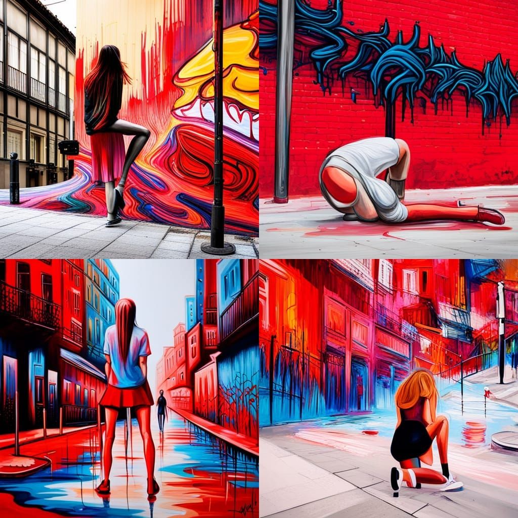 A vivid scenery with shades of red and mixing together with a woman wearing  a mini skirt bending over to show off her long legs graffiti art... - AI  Generated Artwork -