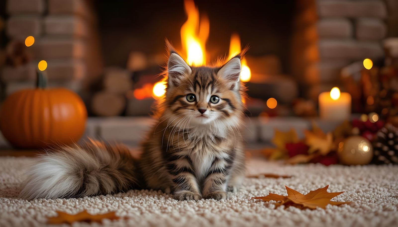 cute kitten with a big fluffy fox tail on a carpet in front of a fireplace during an autumn night with lots of decorations