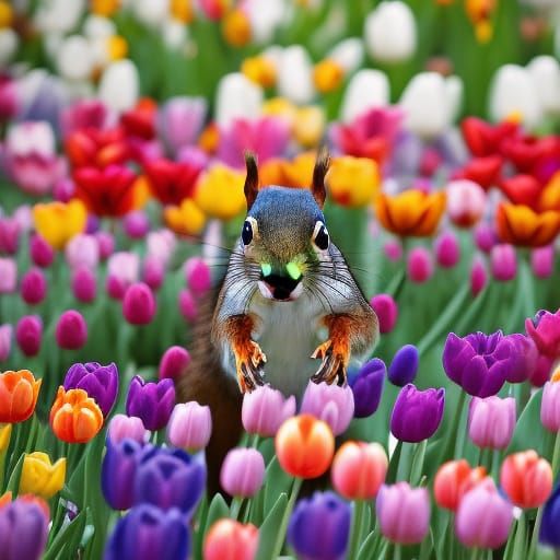 Squirrel in the tulips AI Generated Artwork NightCafe Creator