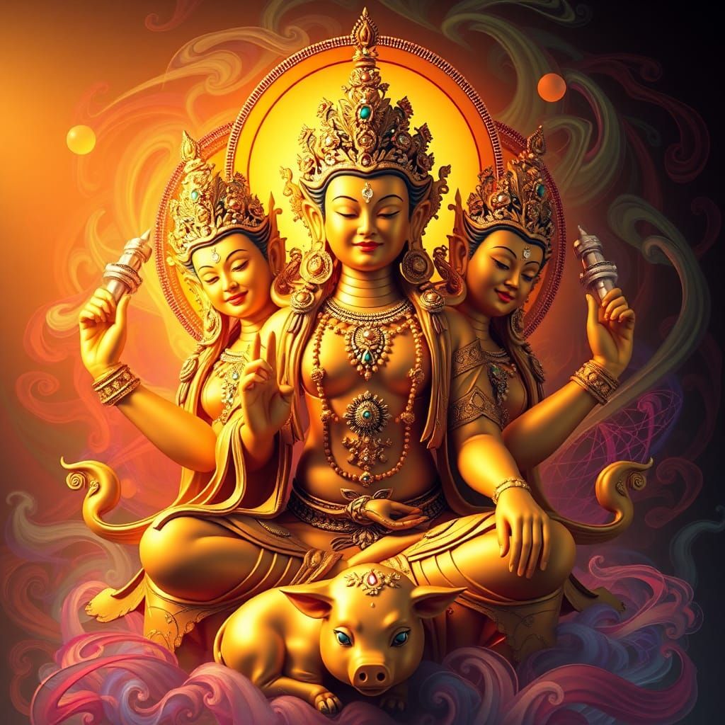 Golden Marichi Bodhisattva with Pig, in Art Nouveau Style