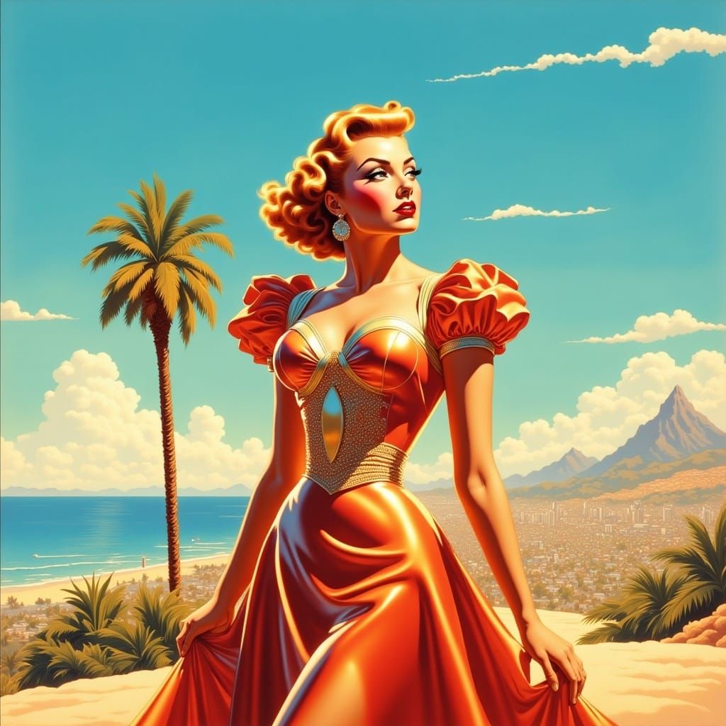 pin-up on the coast <lora:Pin-up flux:1.0> 