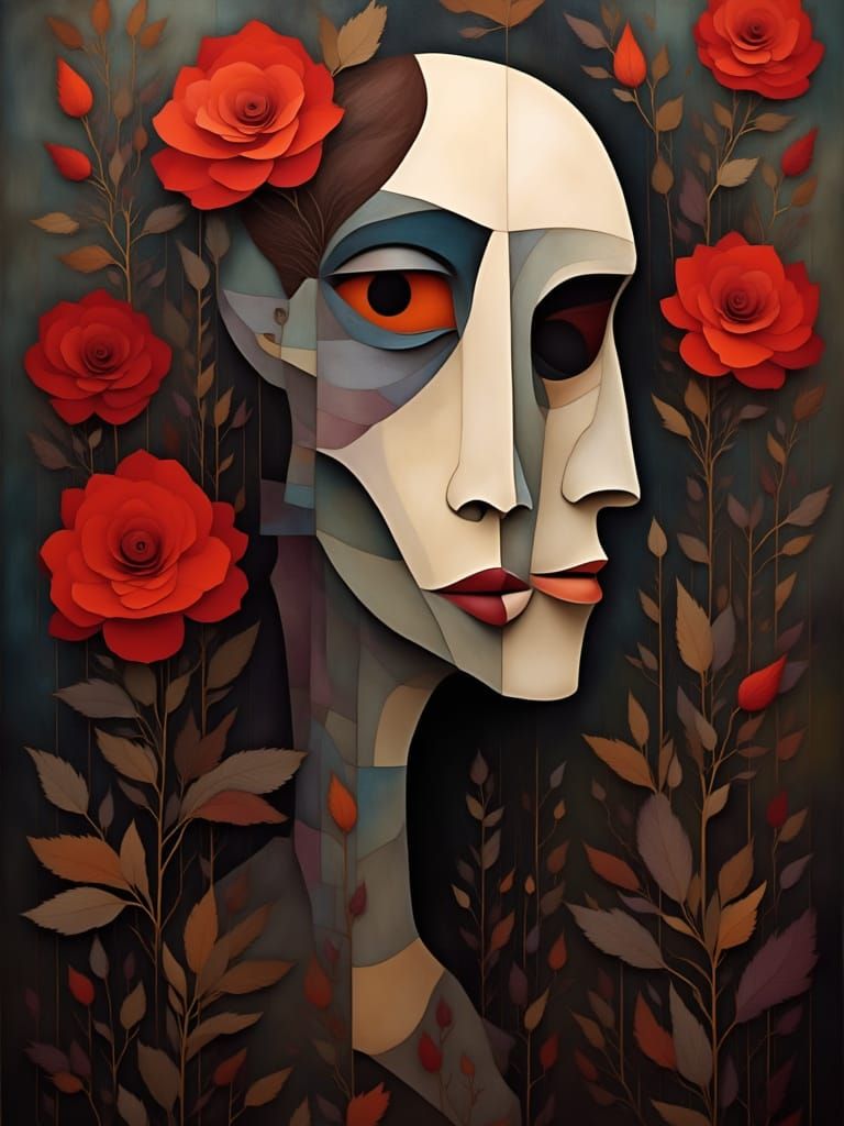 <lora:Pagan Moon:1.0> Abstract cubist gothic portrait with blood red roses