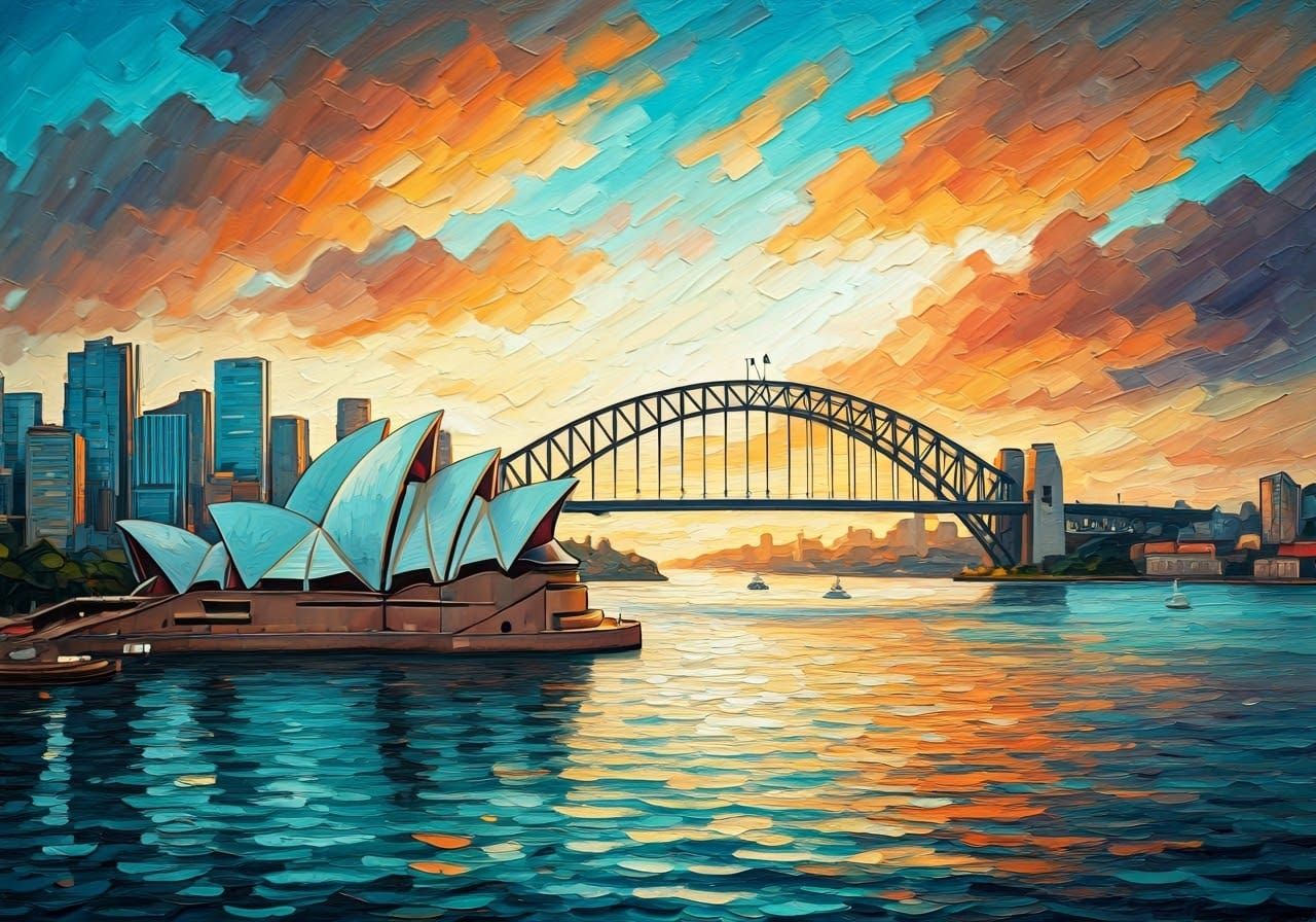 Sydney Harbour skyline at sunset  by @StriderAiArt