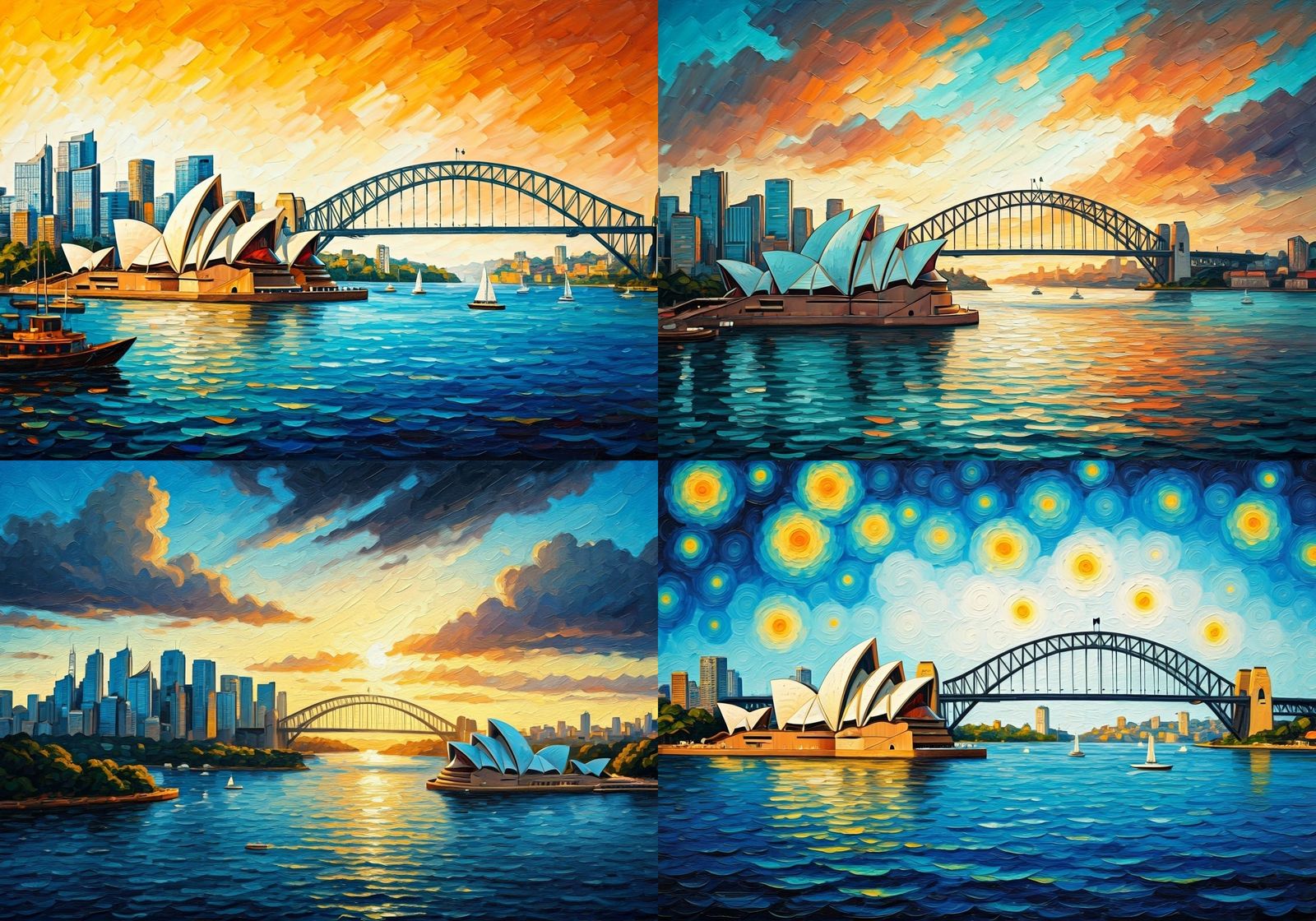 A stunning masterpiece of the iconic Sydney skyline featuring the harbour Bridge & Opera house. neo-impressionism expres...