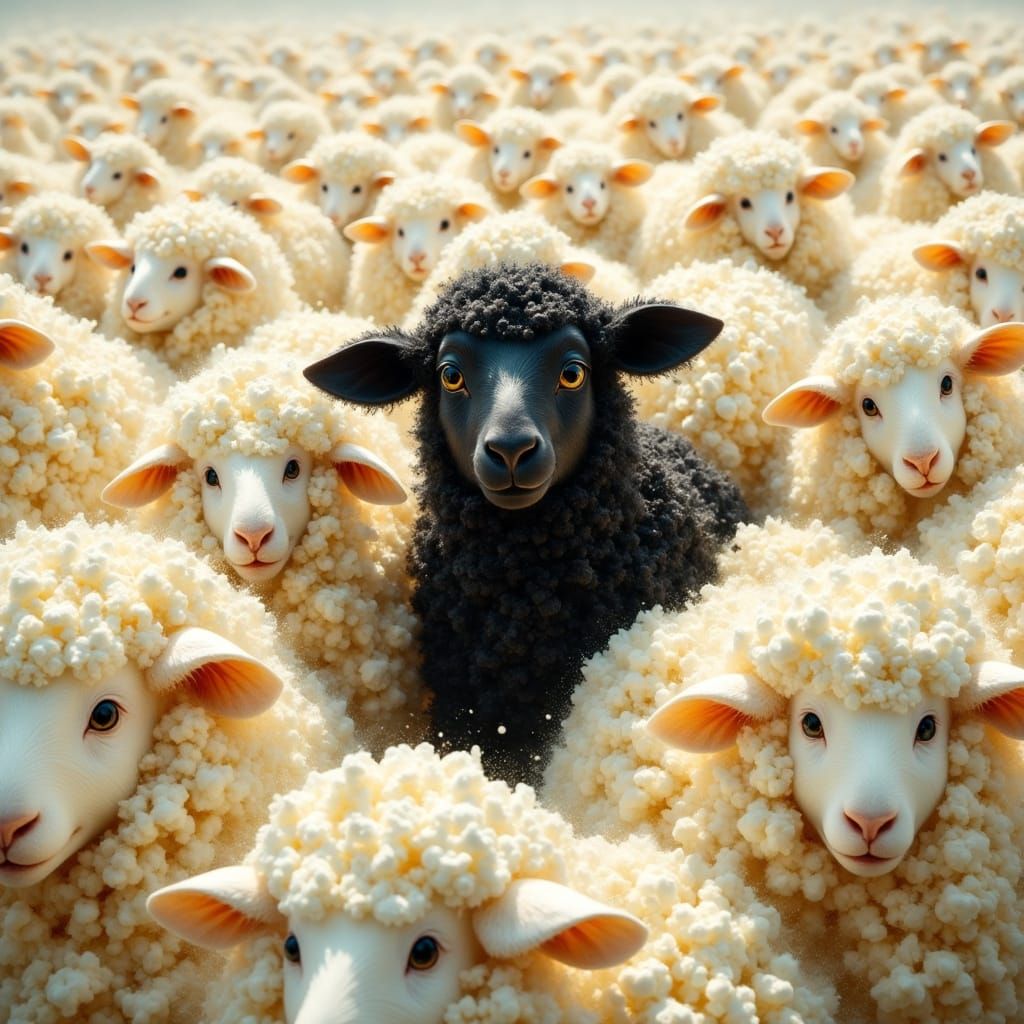 <lora:EtherealVisionsFlux:1.0> "A highly realistic digital painting of packed flock of white sheep made entirely out of white popcorn. The i...