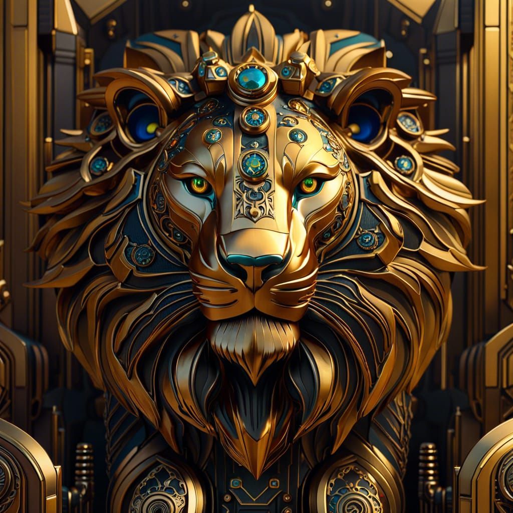 Hyperdetailed golden robotic lion, detailed matte painting, deep color, fantastical, intricate detail, ...  by @Searingdark