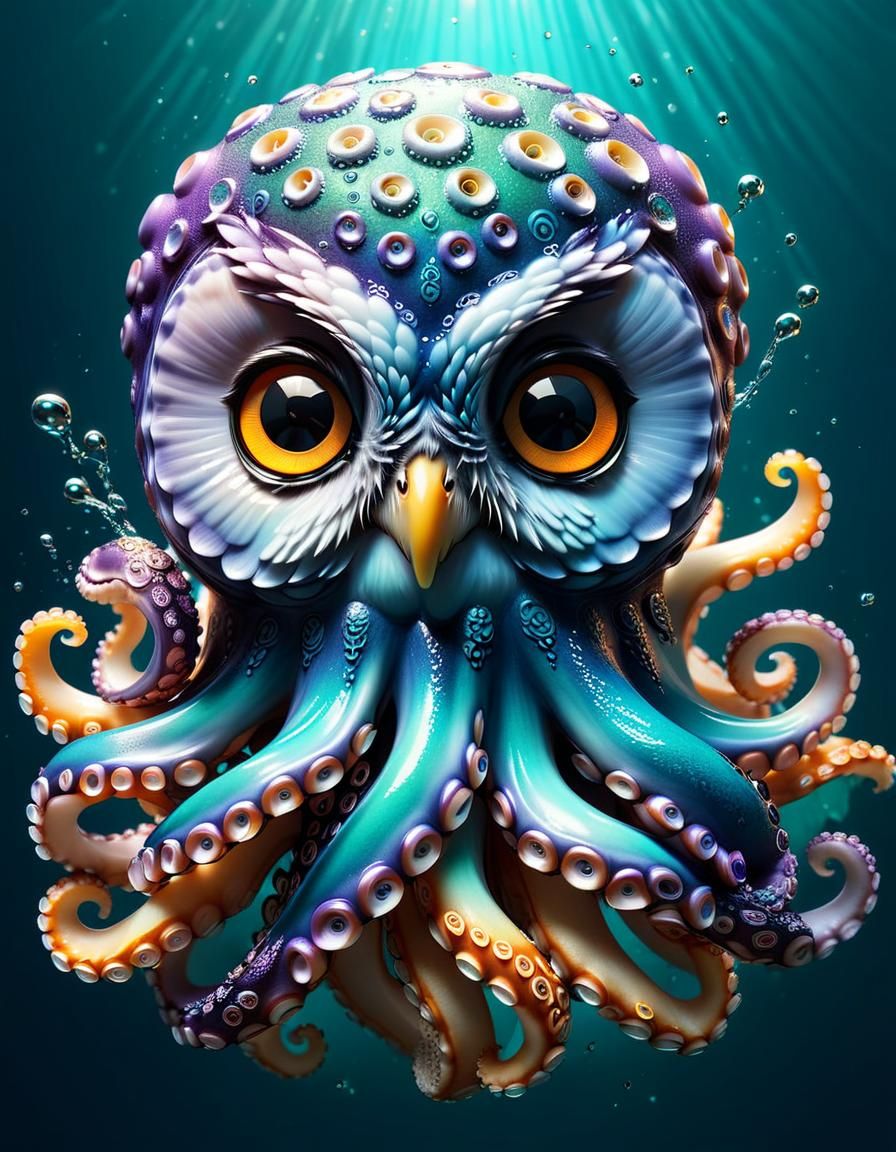 very very cute chibli octopus with ((an owl head)) Hyperreal...
