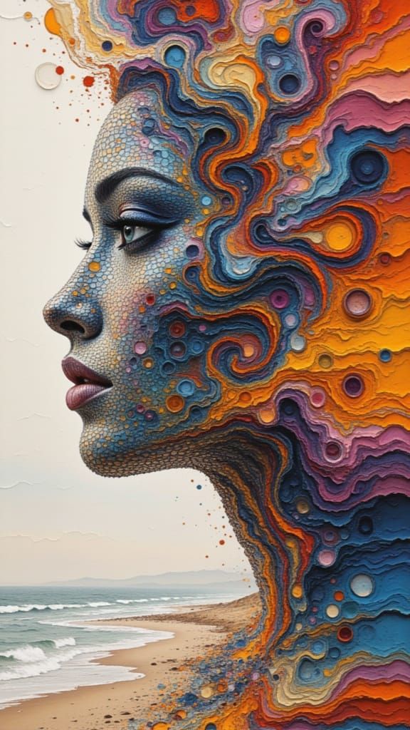 Surreal Face and Beach Double Exposure with Textured Blobs