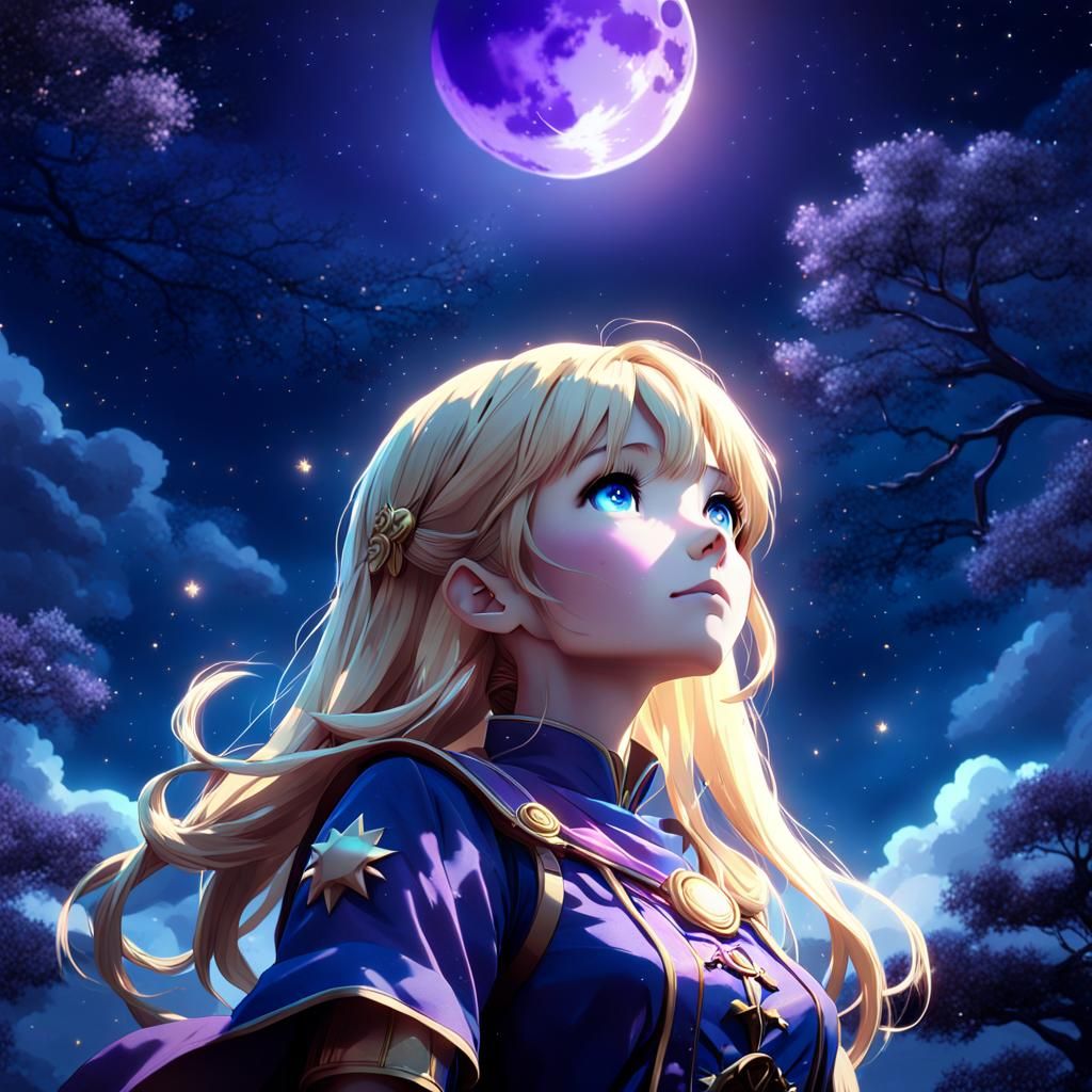 Anime Girl Gazing at Moon in Ethereal Night Sky