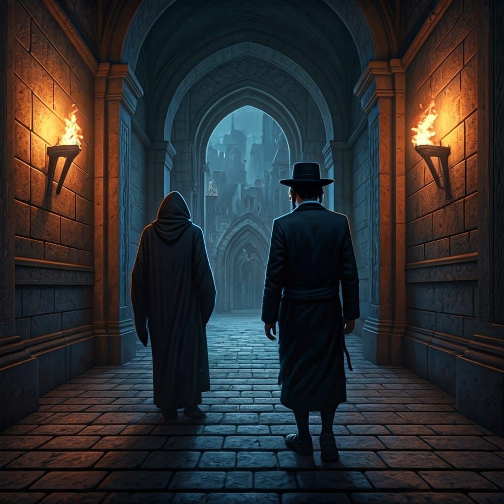 Hasidic Man Pursues Mysterious Figure in Moonlit Alleyway