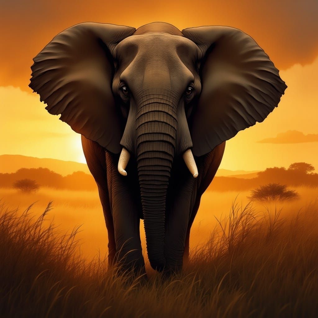 Realistic elephant in savannah grass, deep sunset, backlighting <lora:Flux-Inked:1.0> 