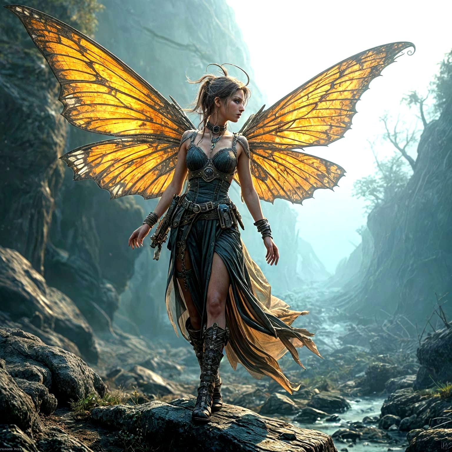 a beautiful  female post-apocalyptic steampunk fairy  By Anne stokes.  by @david jackson