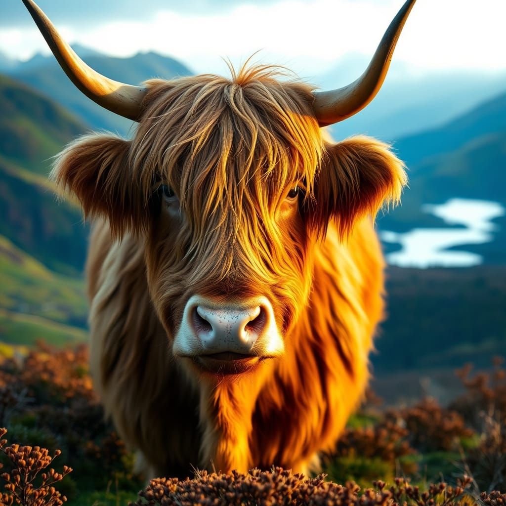 photo realistic close up of a Highland Cow in its natural habitat  by @Zen Animal Services