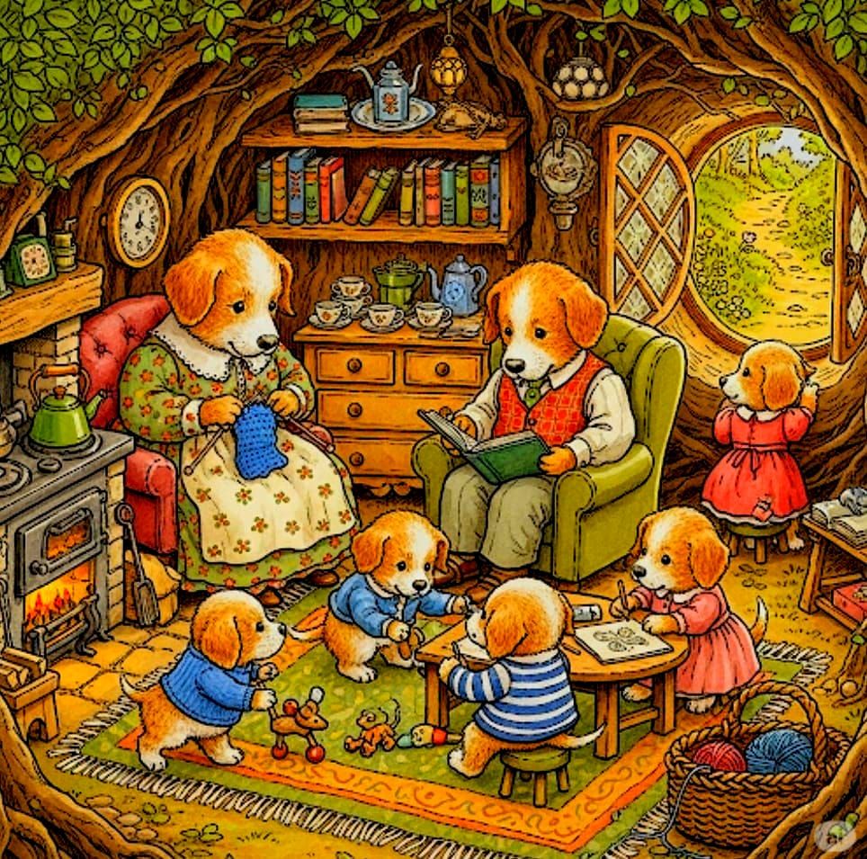 AnimalFamilies : The Mutts (in the style of Jill Barklem's B...