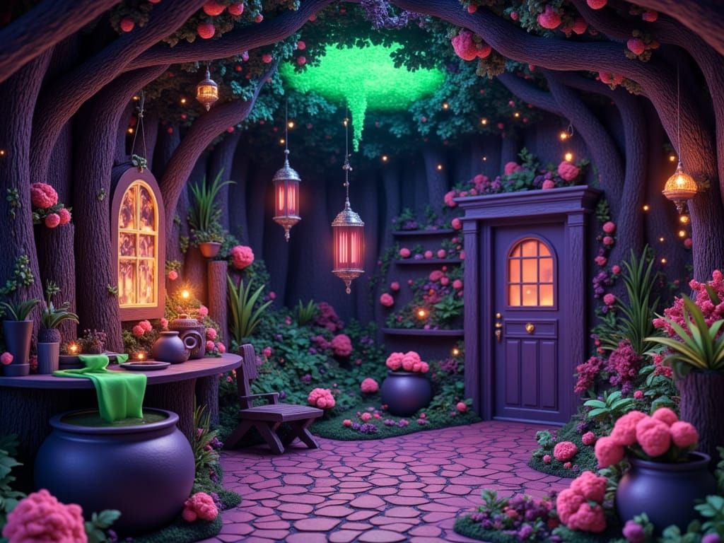 fantasy film set design of witch's cottage interior and a cauldron of bubbling potion <lora:3-depressional:1.0> green and magenta cool color...